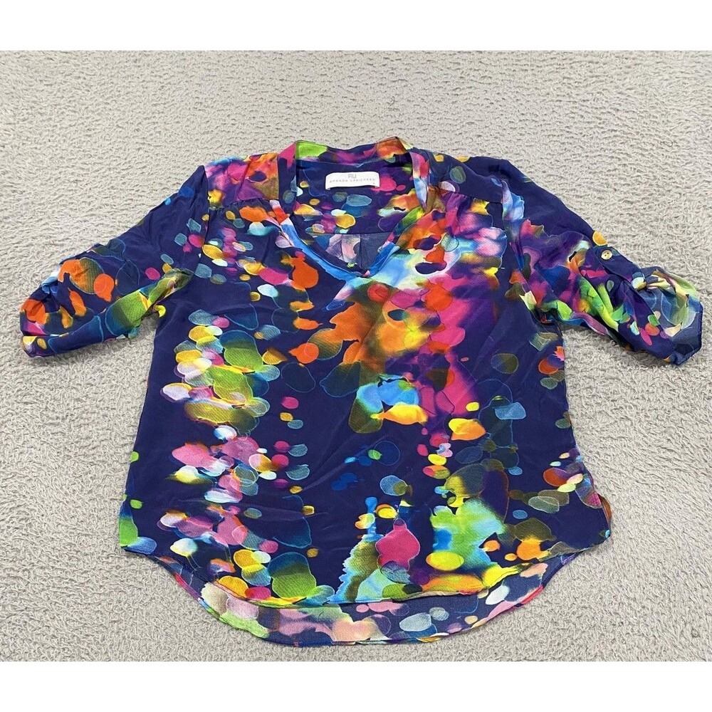 Amanda Uprichard Blouse Womens Medium Multicolor Silk Floral Tunic Top V Neck